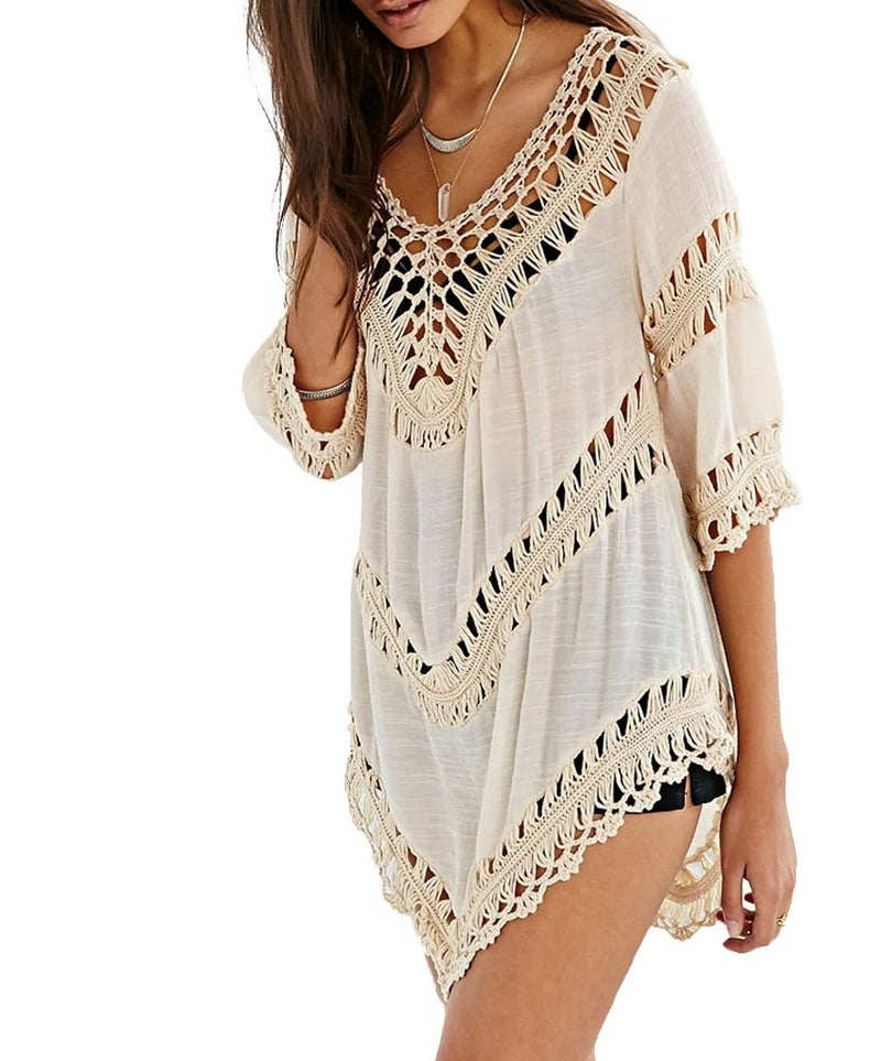 Vanbuy Crochet Lace Swimsuit Shirt Womens Shirts Cover Ups for Swimwear Long Sleeve Beach Essentials Crochet Bikini Cover Up Beige - Image 1